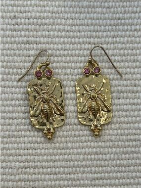 Gold Bee Drop Earrings with Pink Stones